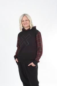 Holly Hoodie - Black X Print - Burgundy check Sleeve