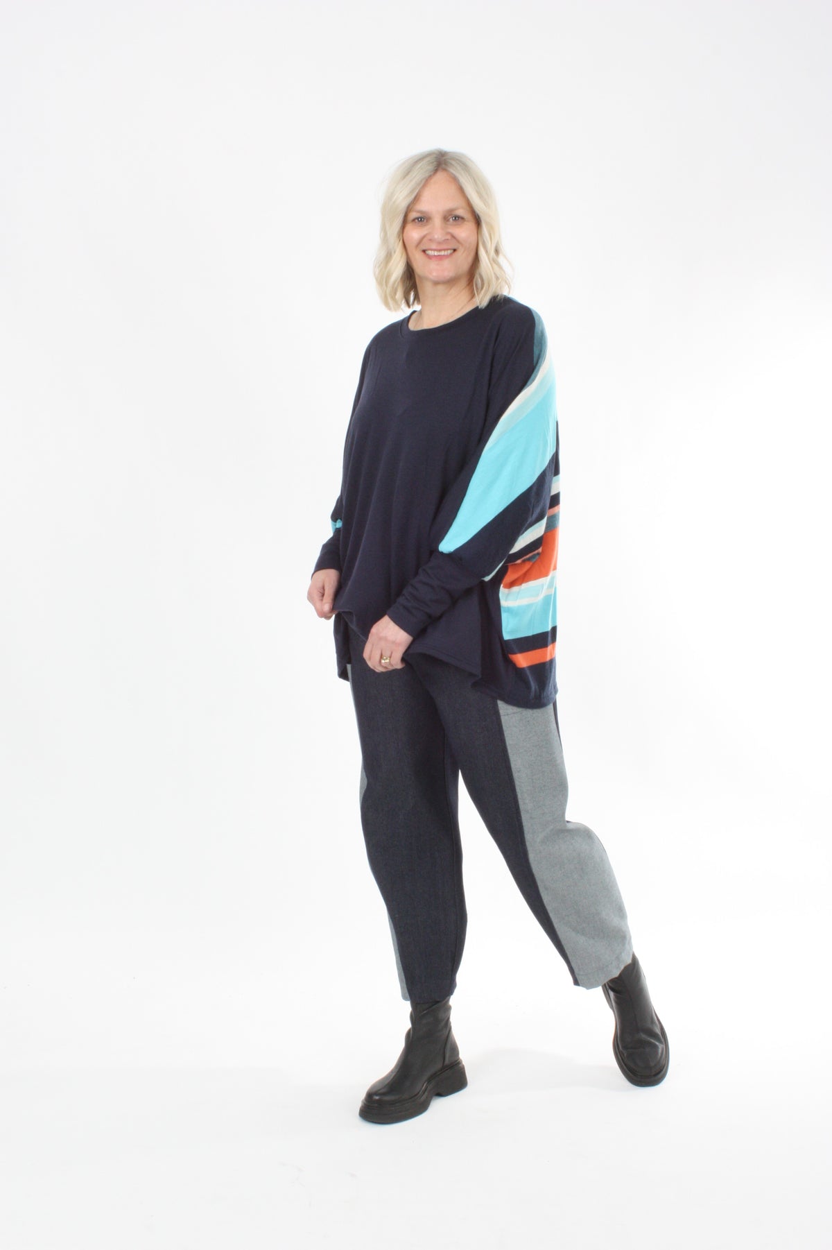 Alexa Top - Merino - Navy and Multi colour Stripe