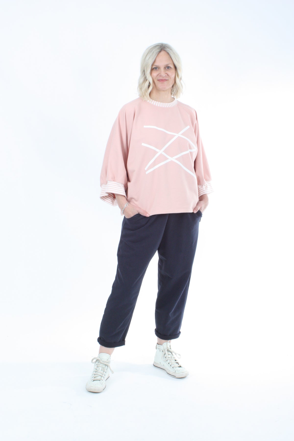 Sonia Top - Pink - White Lines Print - Pre Order