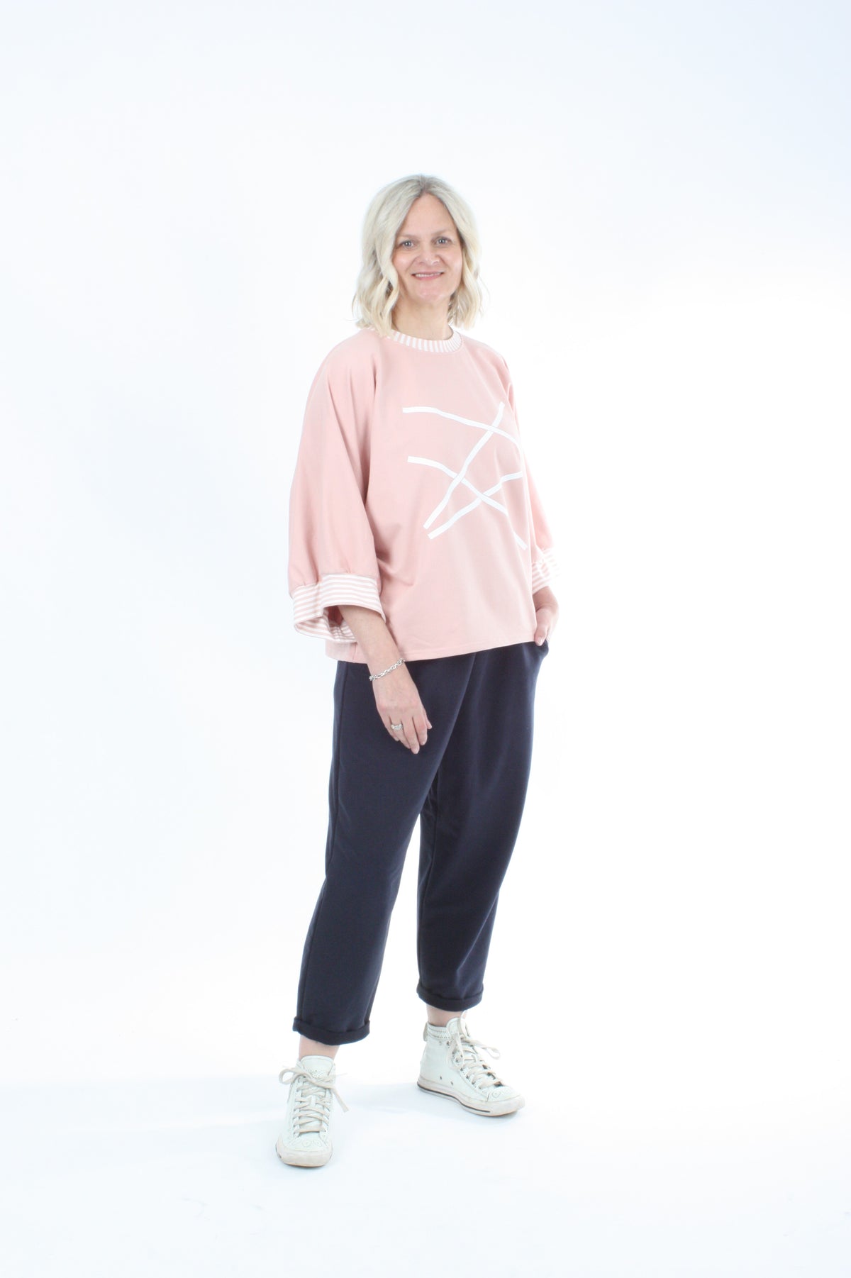 Sonia Top - Pink - White Lines Print - Pre Order