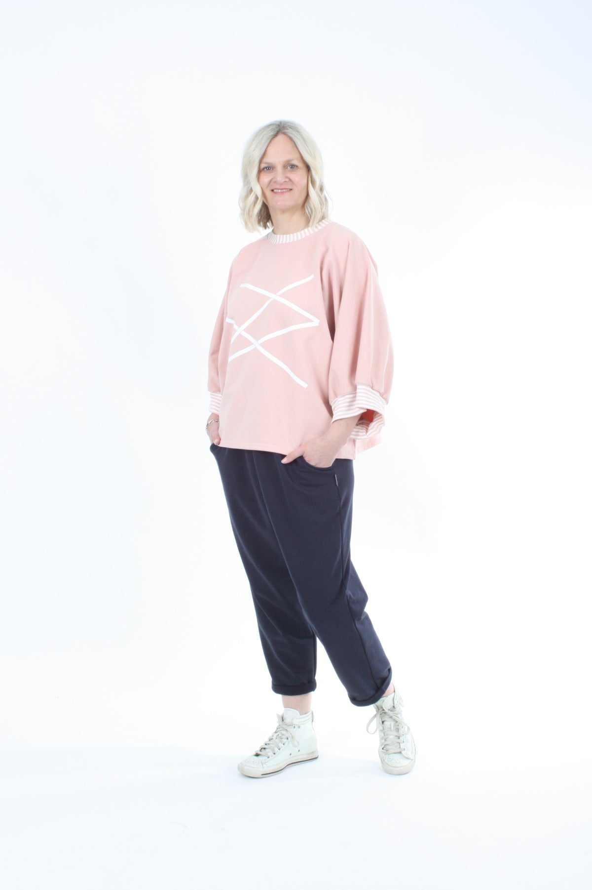 Sonia Top - Pink - White Lines Print - Pre Order