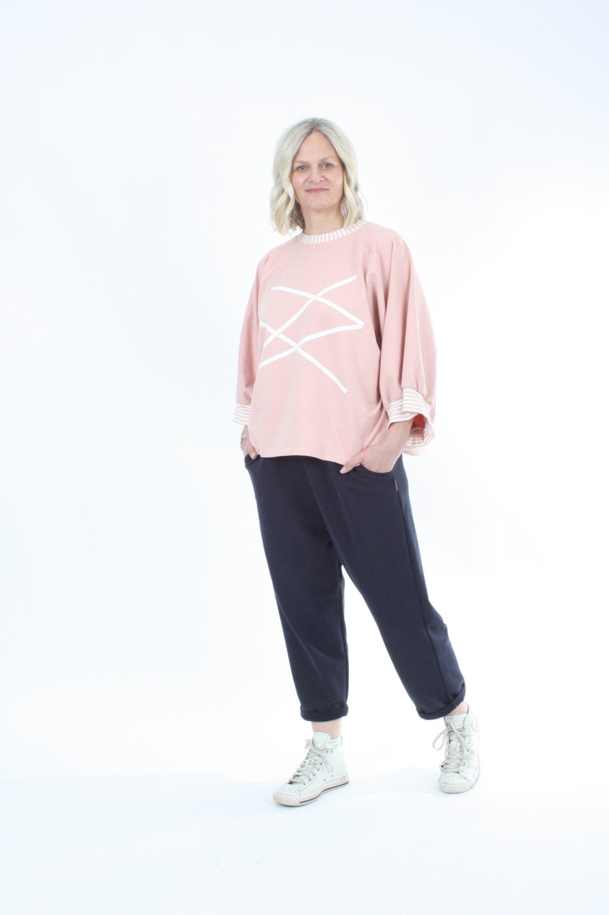 Sonia Top - Pink - White Lines Print - Pre Order