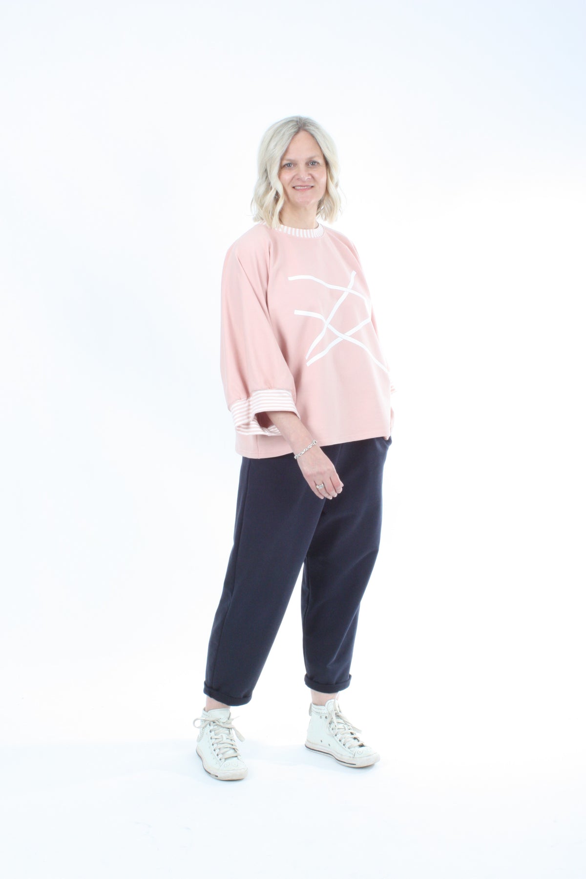 Sonia Top - Pink - White Lines Print - Pre Order