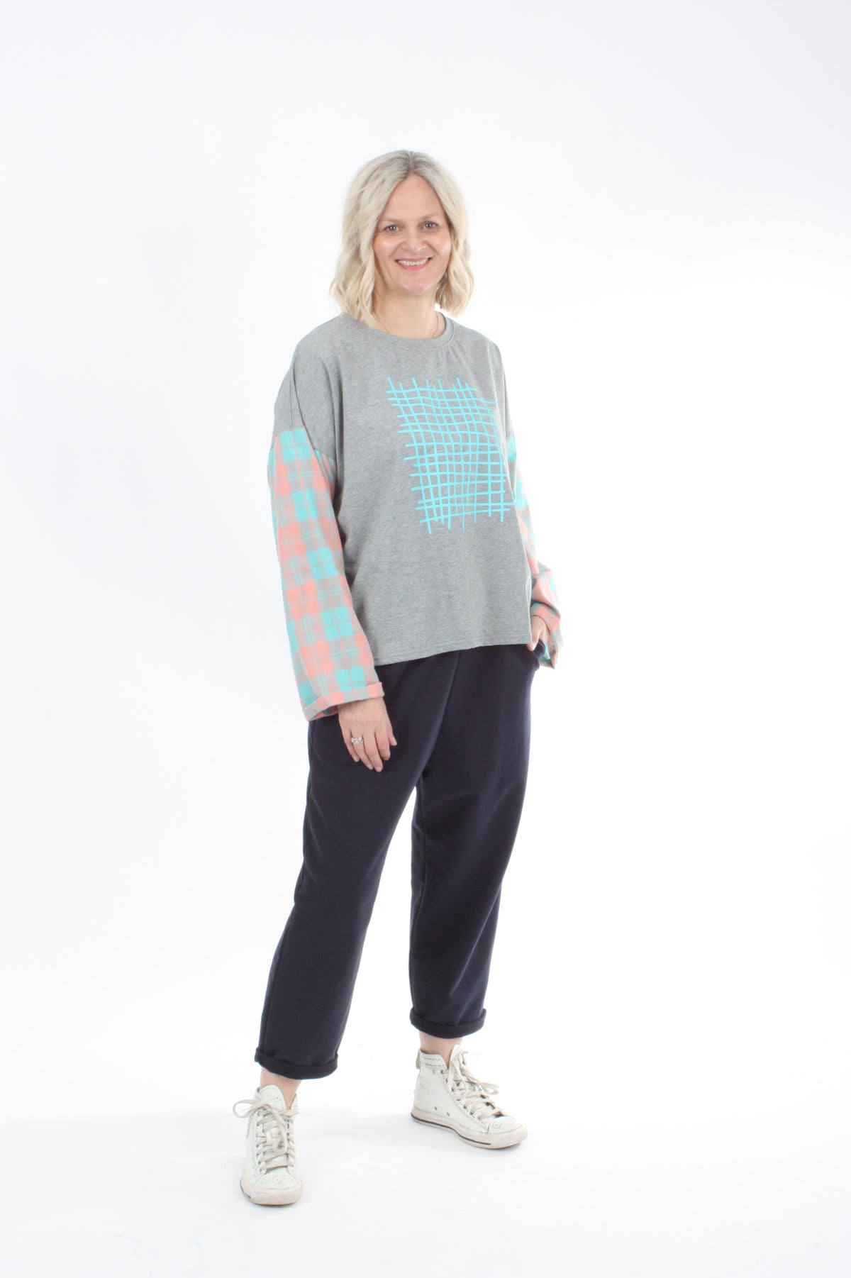 Quinn Top - Grey Marl body - Check Sleeve