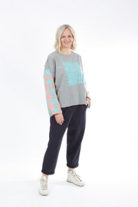 Quinn Top - Grey Marl body - Check Sleeve