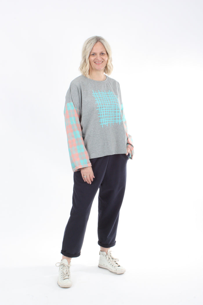 Quinn Top - Grey Marl body - Check Sleeve