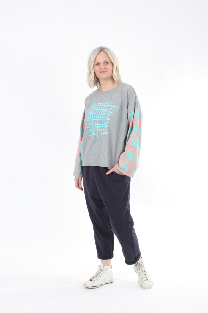 Quinn Top - Grey Marl body - Check Sleeve