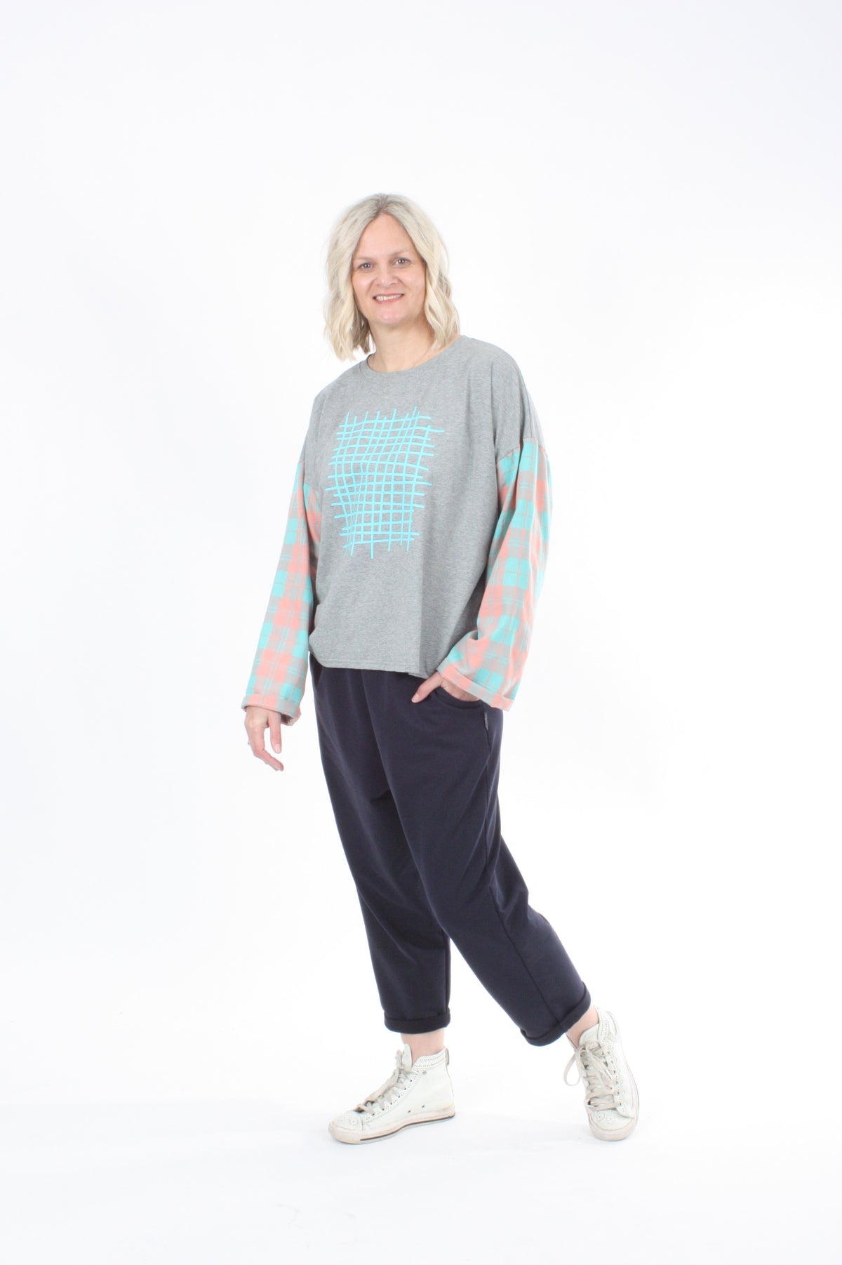 Quinn Top - Grey Marl body - Check Sleeve