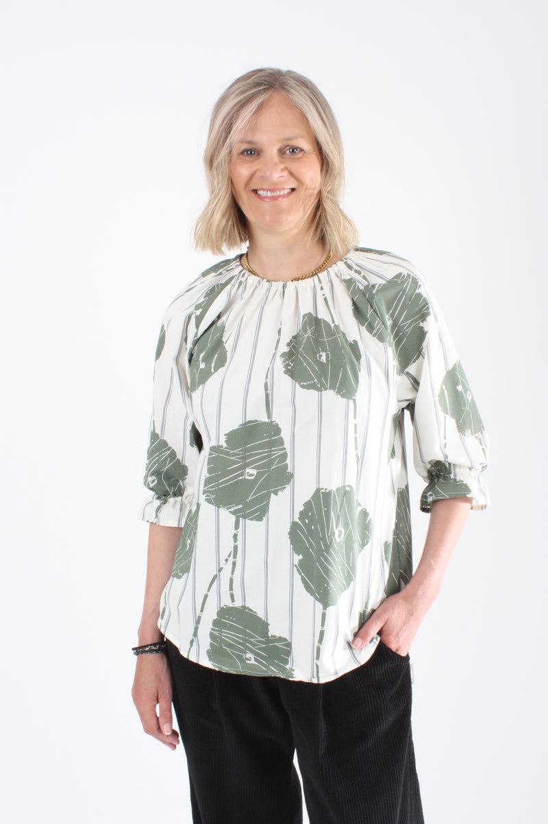 Cora Top - Cream with Khaki Flower Print