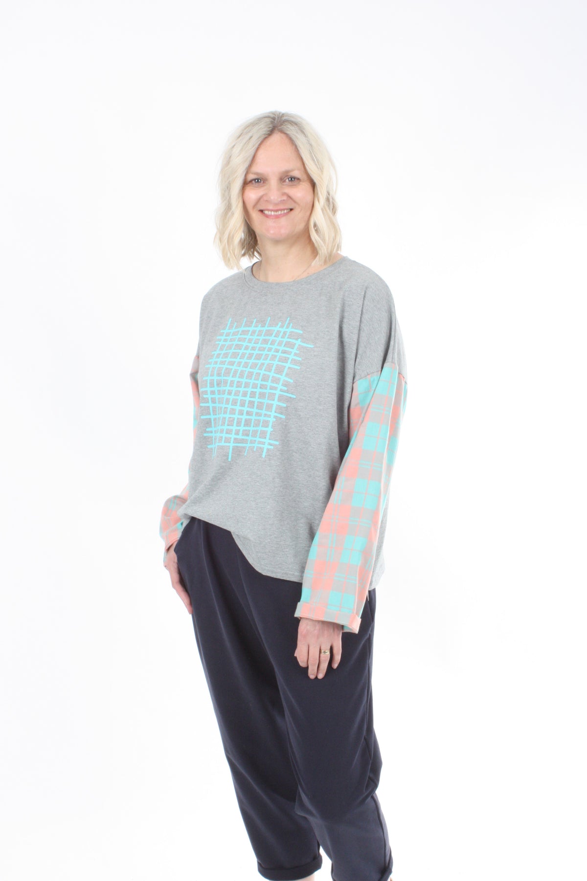 Quinn Top - Grey Marl body - Check Sleeve
