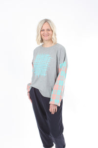 Quinn Top - Grey Marl body - Check Sleeve