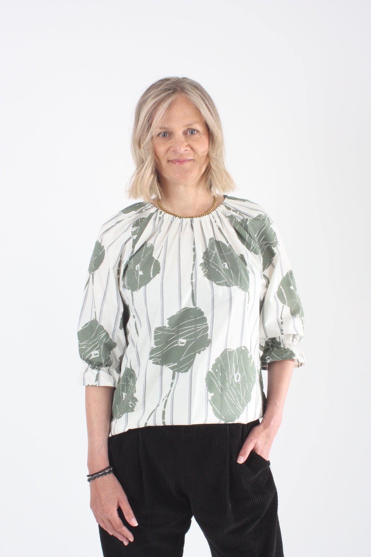 Cora Top - Cream with Khaki Flower Print