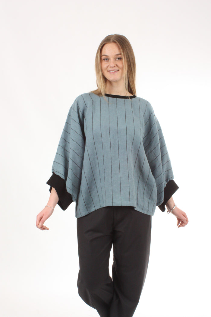 Vanessa Top - Blue with Black Stripe - Black Trims
