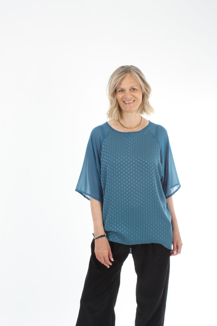 Kendra Top - Textured Turquoise Body Plain Sleeve - Pre-Order