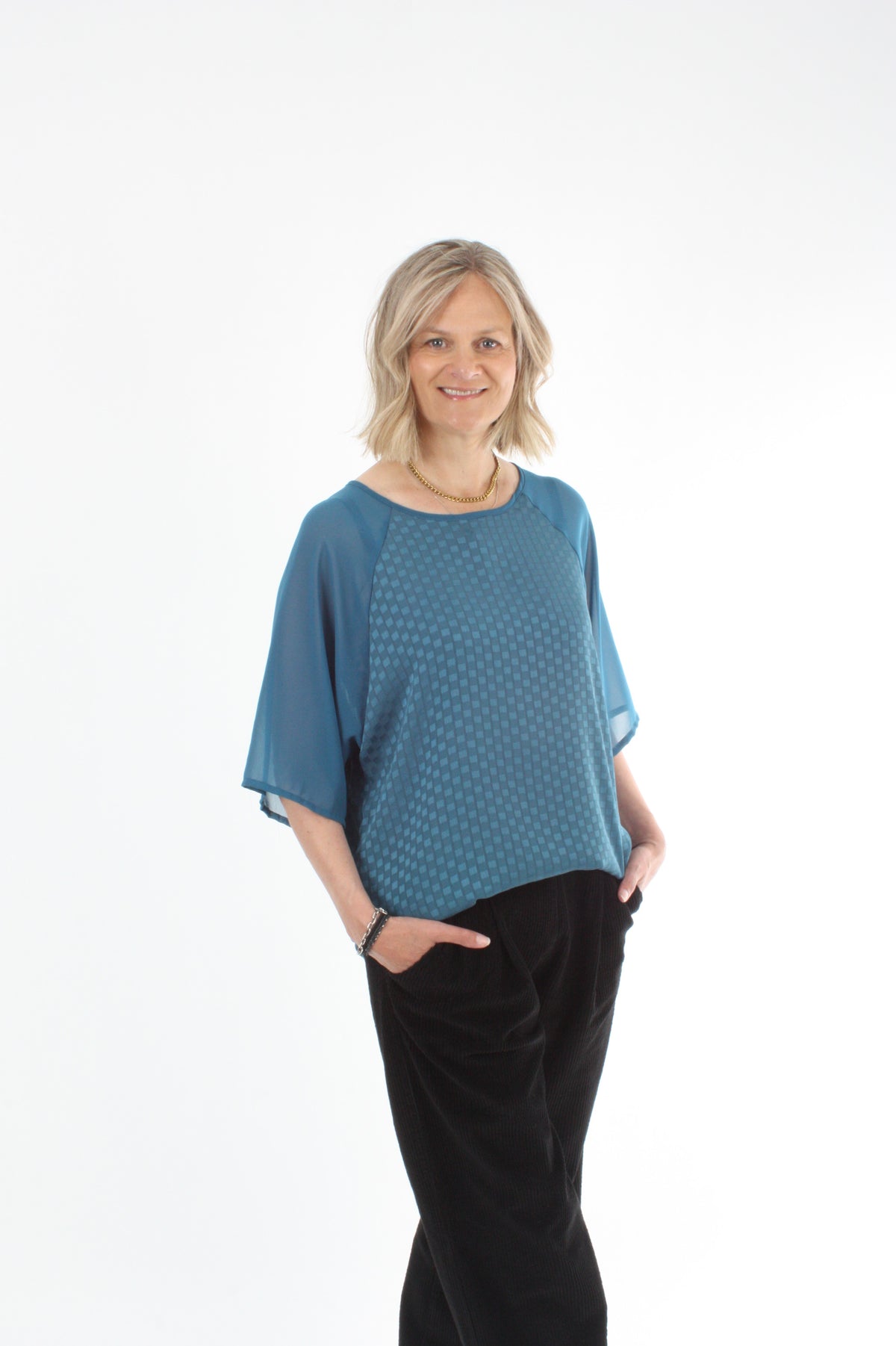 Kendra Top - Textured Turquoise Body Plain Sleeve