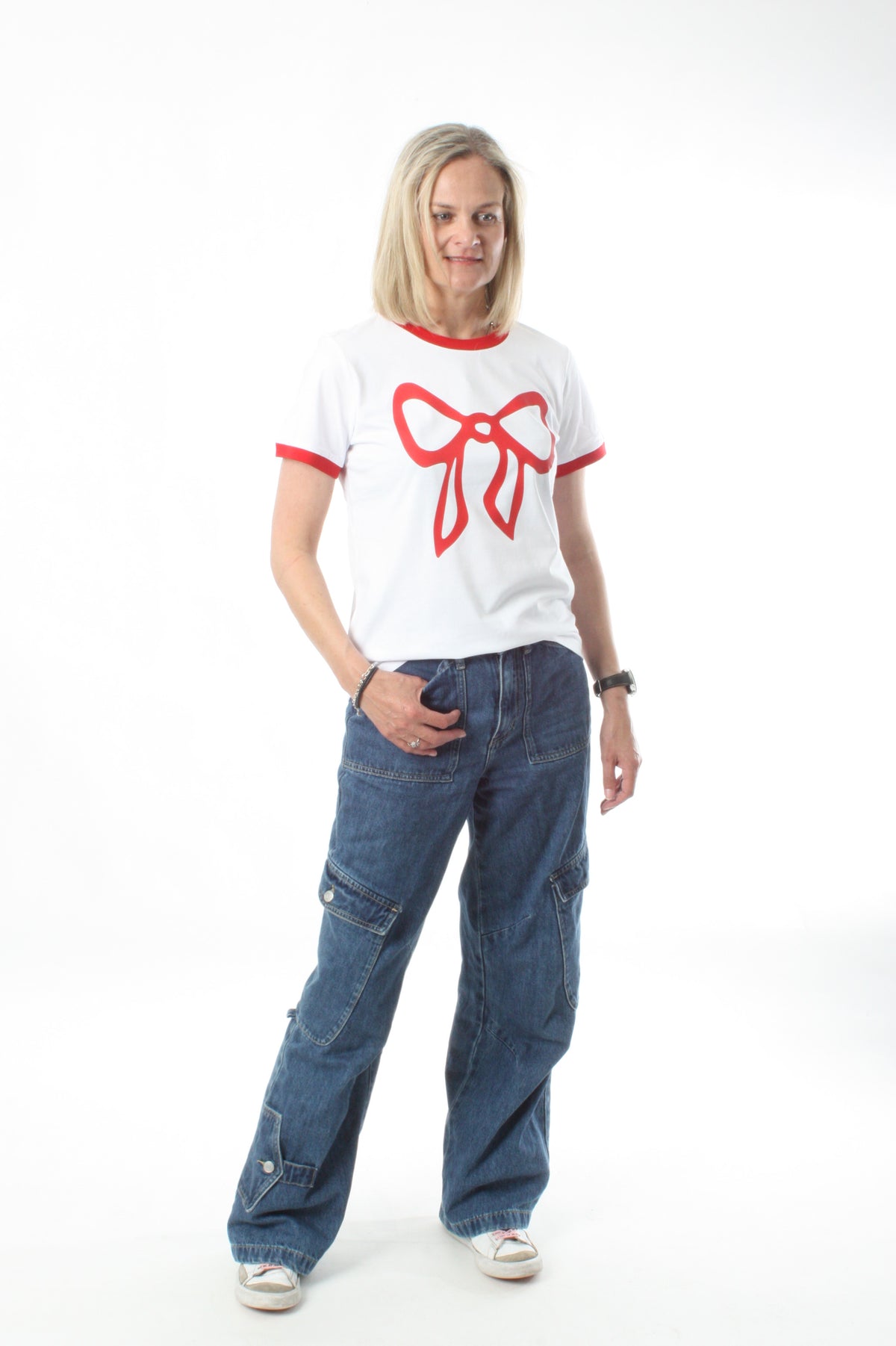 Tee Shirt - White with Red Trims red bow Print