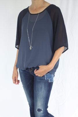 Kendra Top - Denim Blue Body Navy Sleeve - Pre-Order