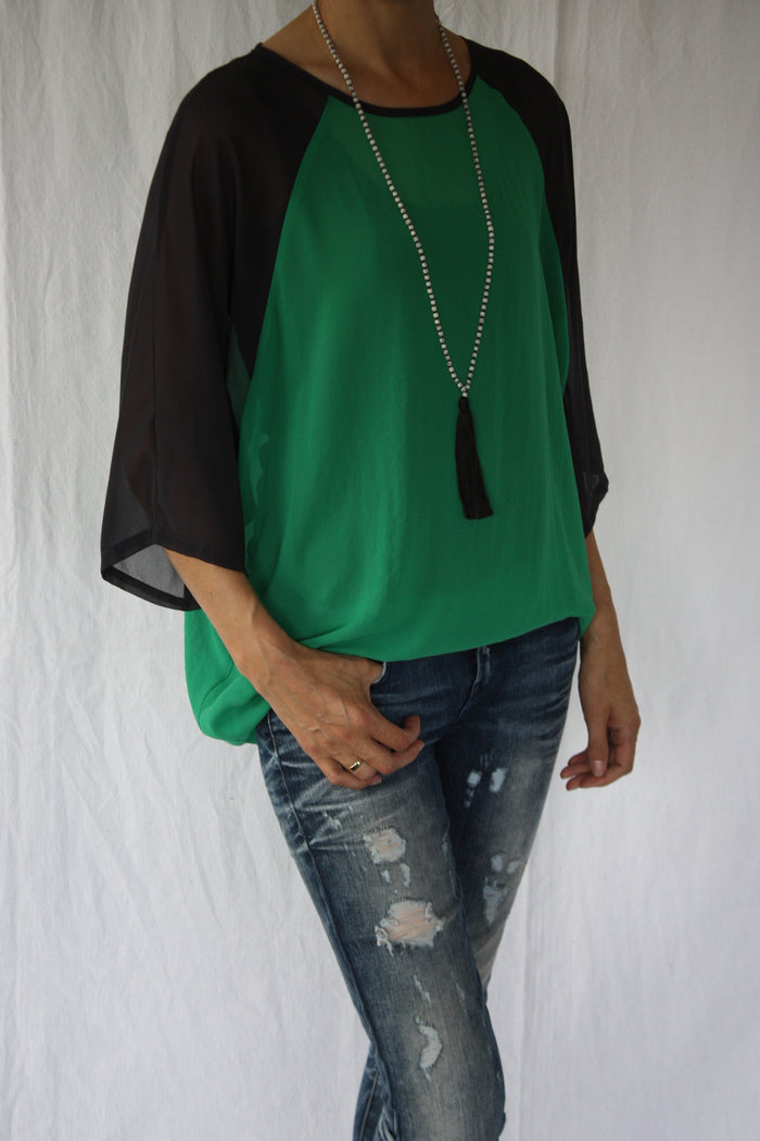 Kendra Top - Green Body Black Sleeve