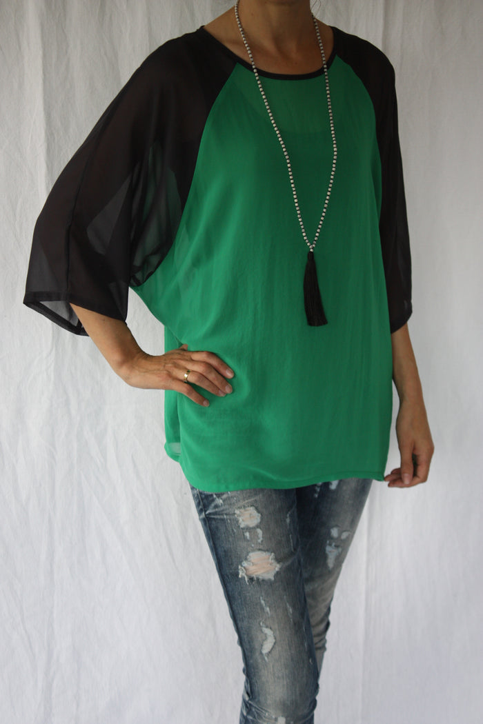 Kendra Top - Green Body Black Sleeve