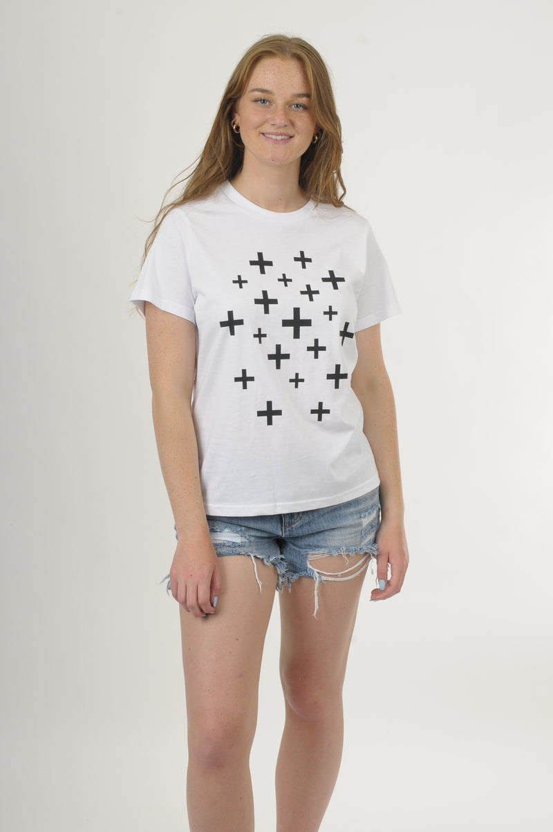 Tee Shirt - White with Black Scattered crosses Print - Wadzee Print - Pre Order 2-3 weeks