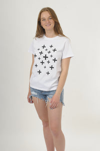 Tee Shirt - White with Black Scattered crosses Print - Wadzee Print - Pre Order 2-3 weeks
