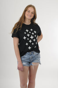 Tee Shirt - Black with White Scattered crosses Print - Wadzee Print - Pre Order