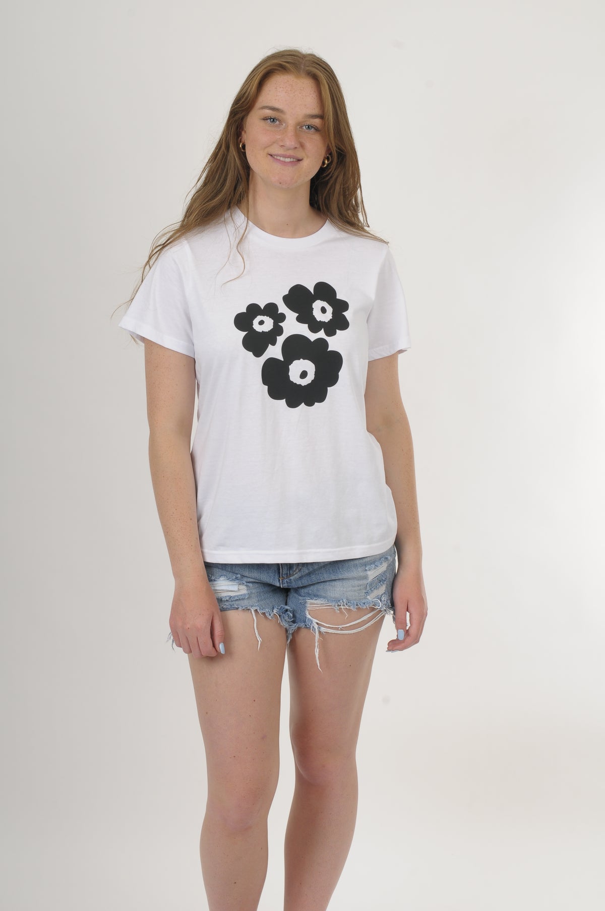 Tee Shirt - White with black 3 flower Print - Wadzee Print - Pre Order