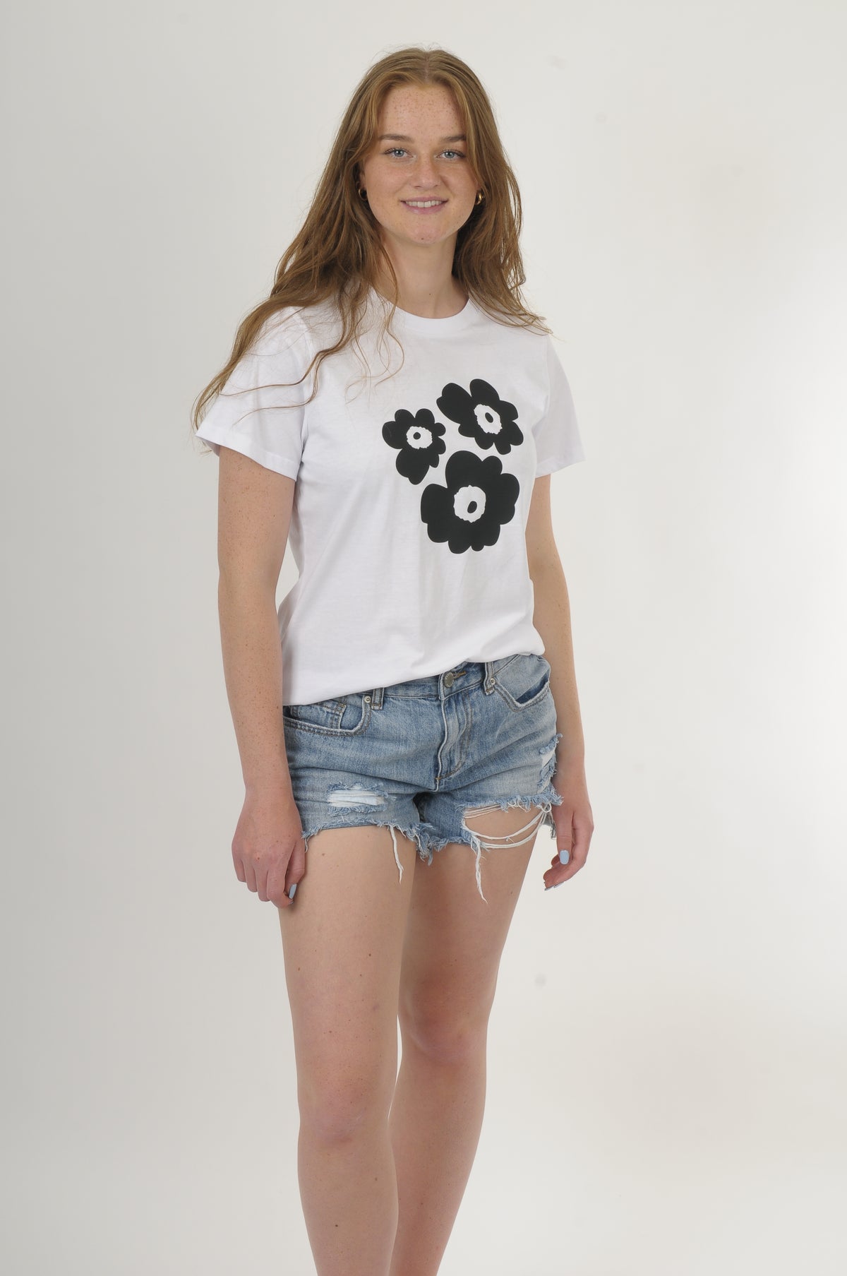 Tee Shirt - White with black 3 flower Print - Wadzee Print - Pre Order