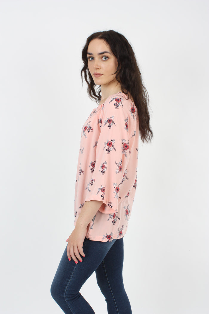 Lucy Top - Pink with Red Flower Print