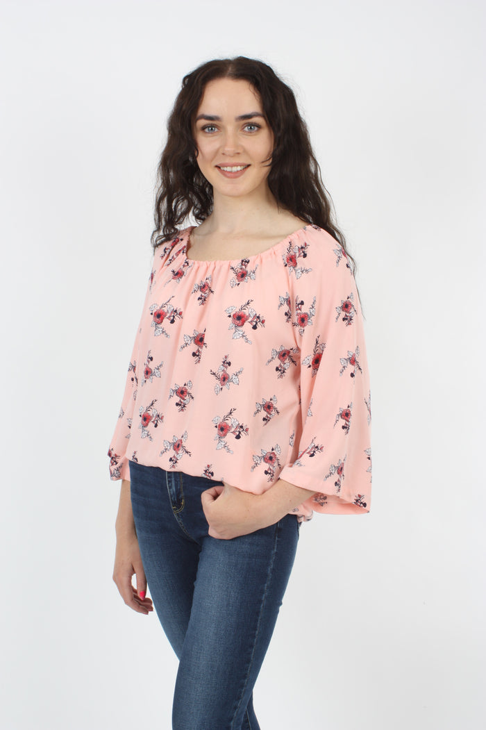 Lucy Top - Pink with Red Flower Print