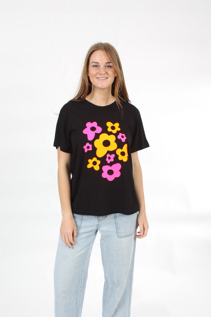 Tee Shirt - Black with Pink and Orange Flower - Pre Order