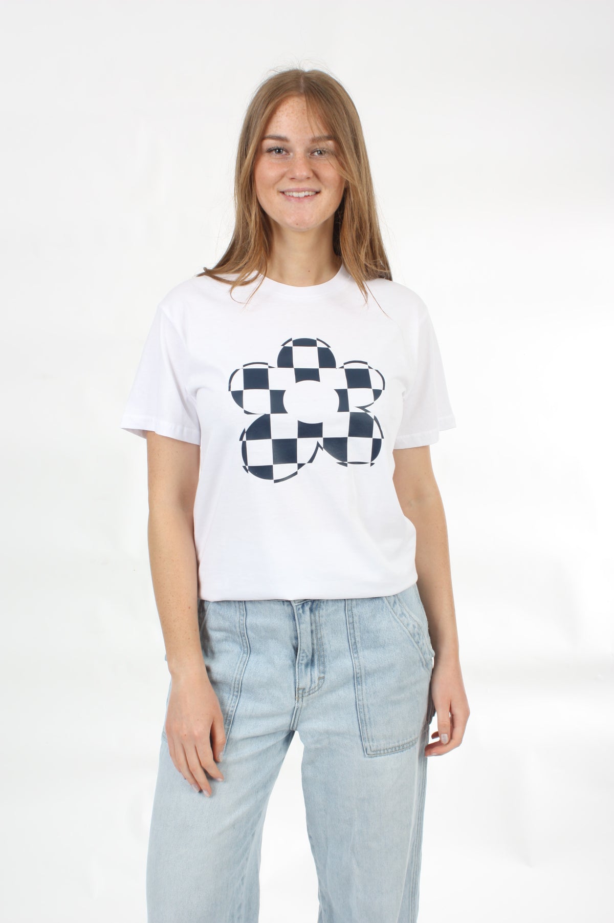 Tee Shirt -  with Check Flower Print - Pre Order