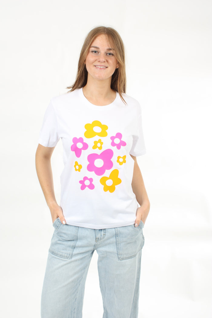 Tee Shirt - White - Pink and Orange Flower Print - Pre Order