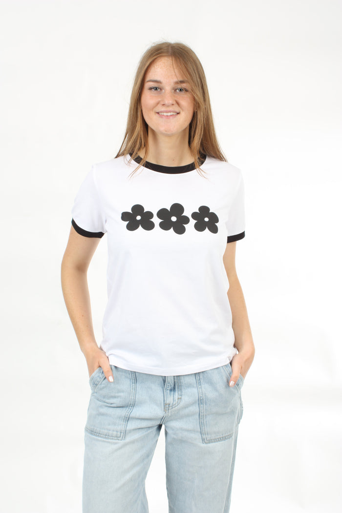 Tee Shirt - White - 3 Flowers in a row Print - Pre Order