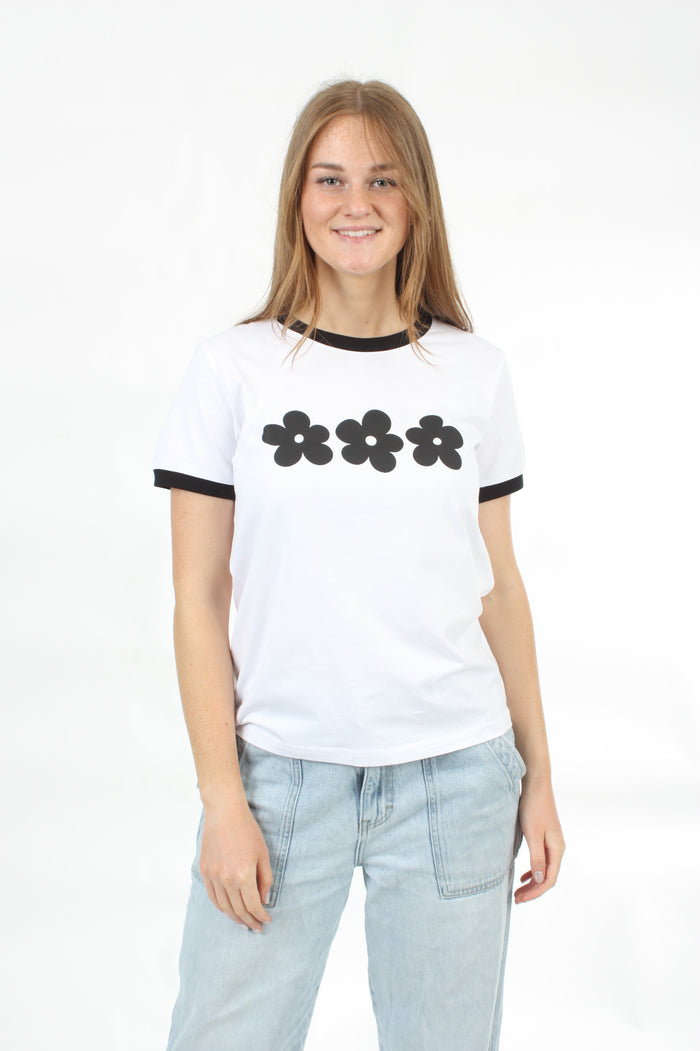 Tee Shirt - White black Trims - 3 Flowers  - Pre Order