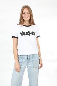 Tee Shirt - White - 3 Flowers in a row Print - Pre Order