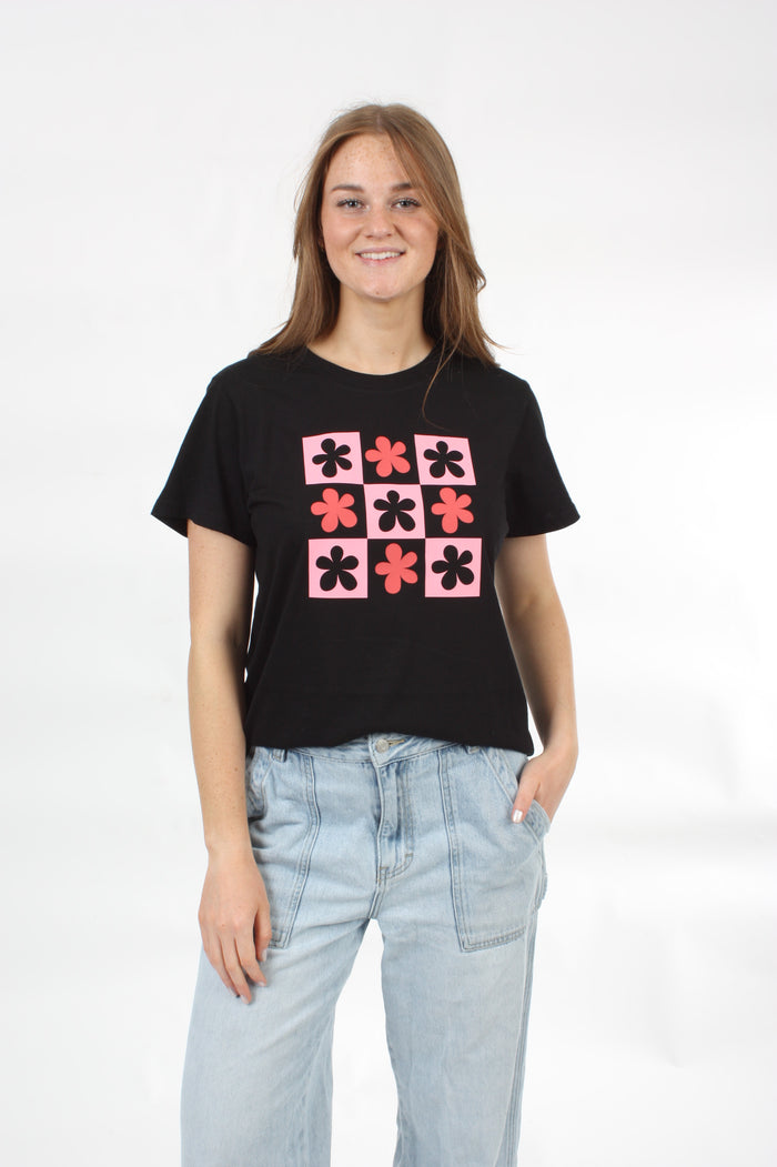 Tee Shirt - Black - Pink and Red Checked Daisy's Print - Pre Order