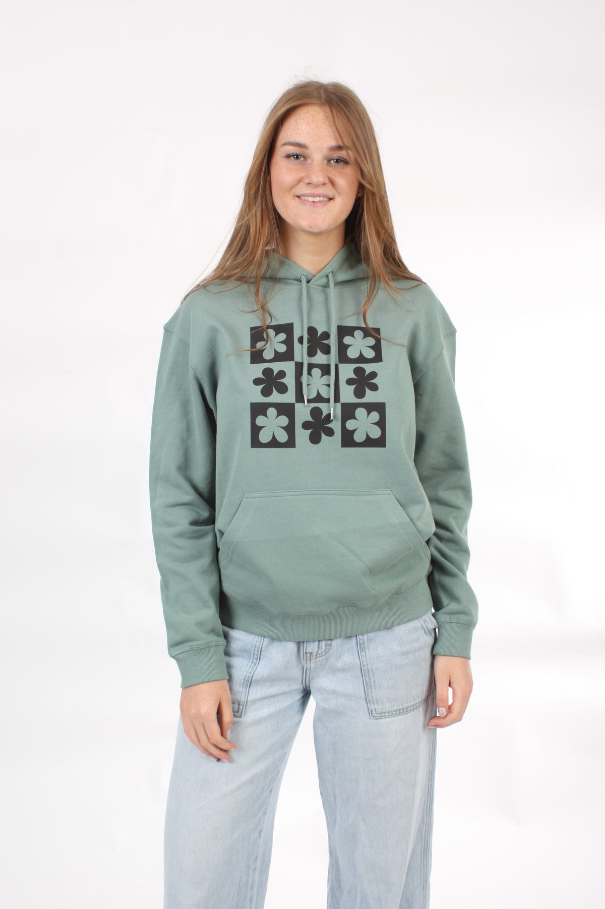 Hoody - Sage with Checked Daisy's print - Pre-Order