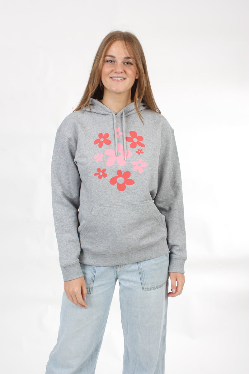 Hoody - Grey Marle with Red and Pink Flower Print - Pre-Order