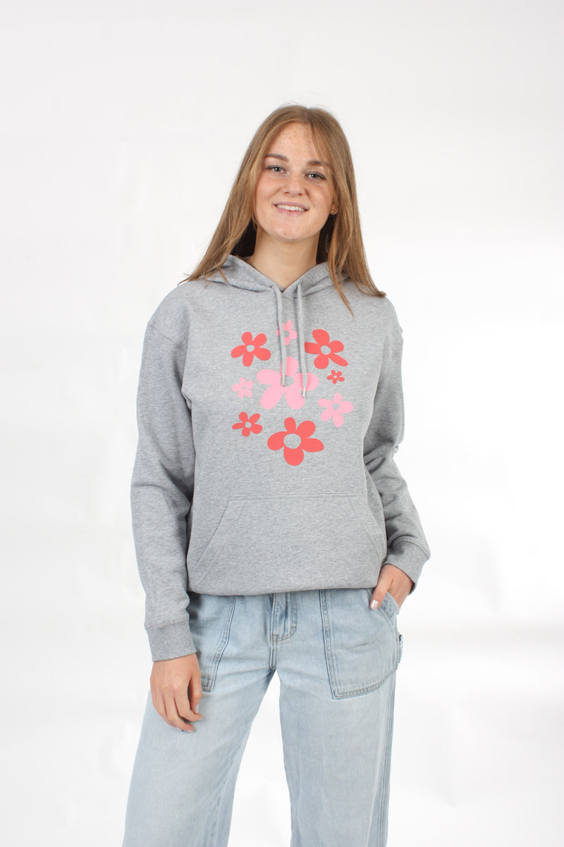 Hoody - Grey Marle with Red and Pink Flower Print - Pre-Order