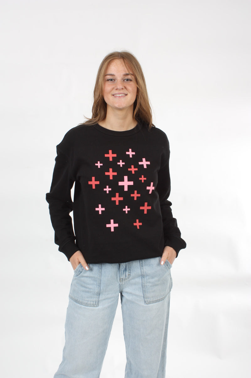 Crew - Black with Pink and Red Scattered Crosses - Pre Order 2 - 3 Weeks