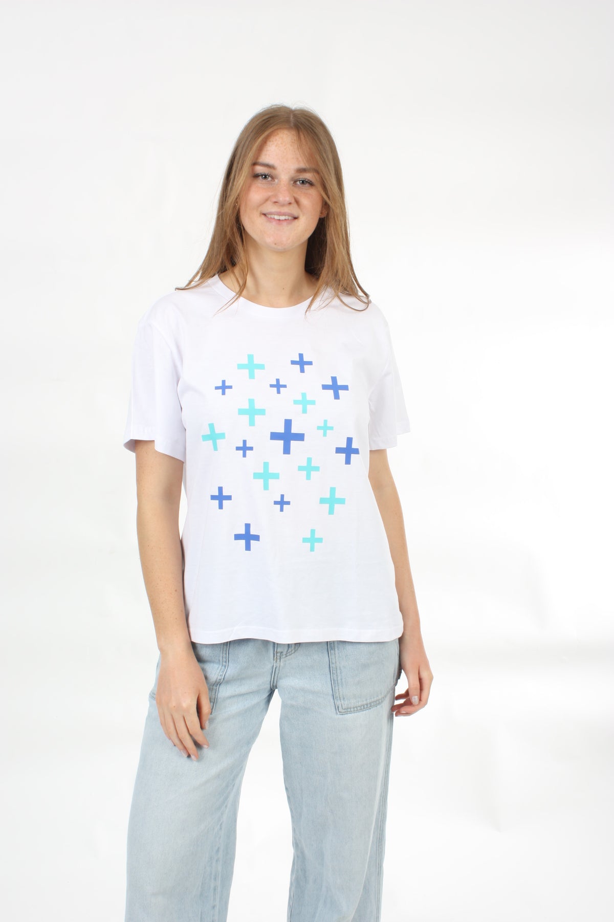 Tee Shirt - White - Blue and Turquoise scattered Crosses Print - Pre Order