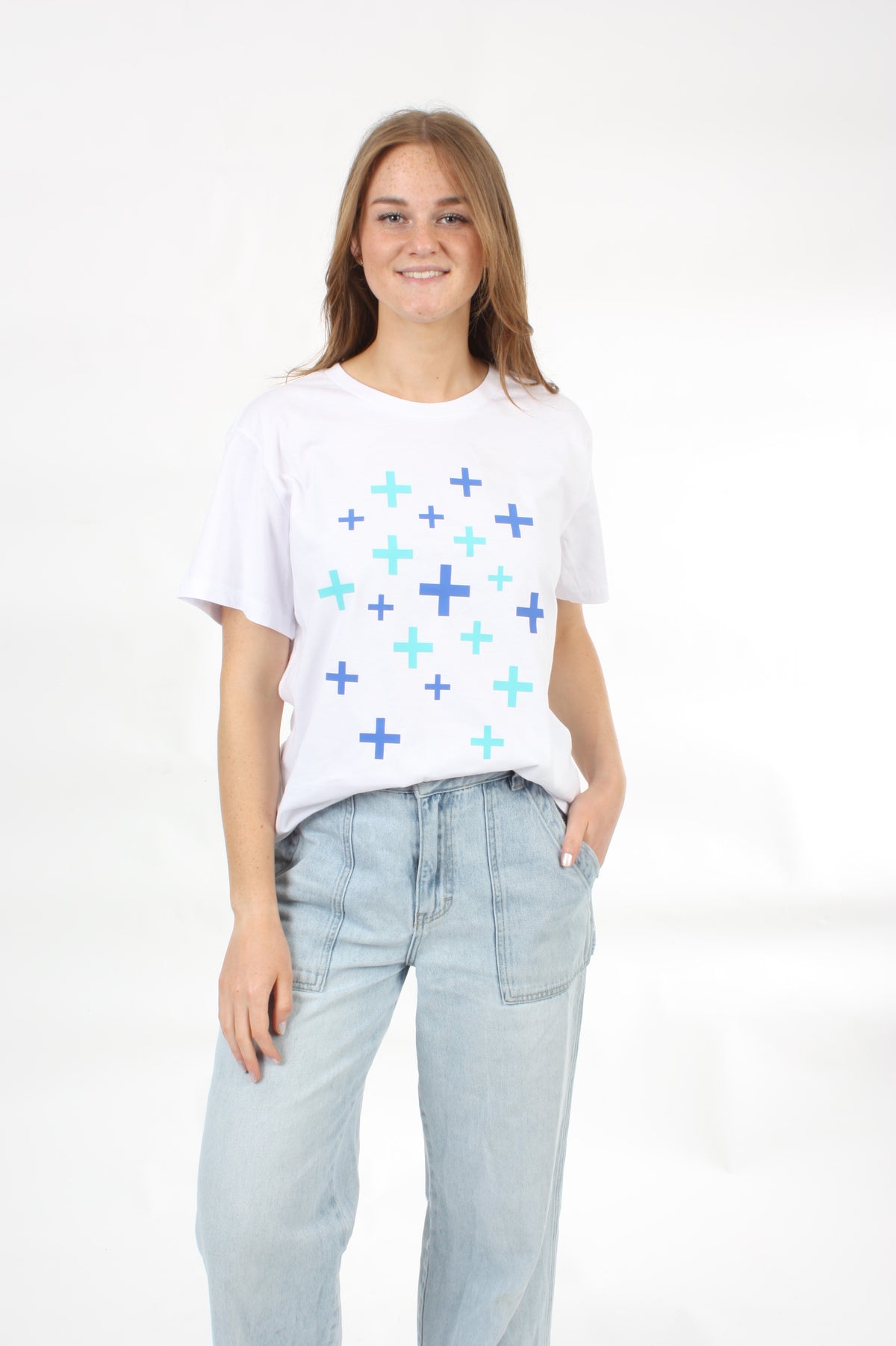 Tee Shirt - White - Blue and Turquoise scattered Crosses Print - Pre Order