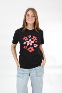 Tee Shirt - Black - Pink and Red Flower Bunch Print - Pre Order