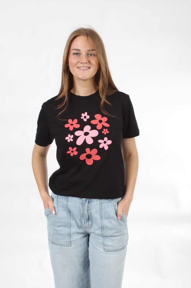 Tee Shirt - Black - Pink and Red Flower Bunch Print - Pre Order