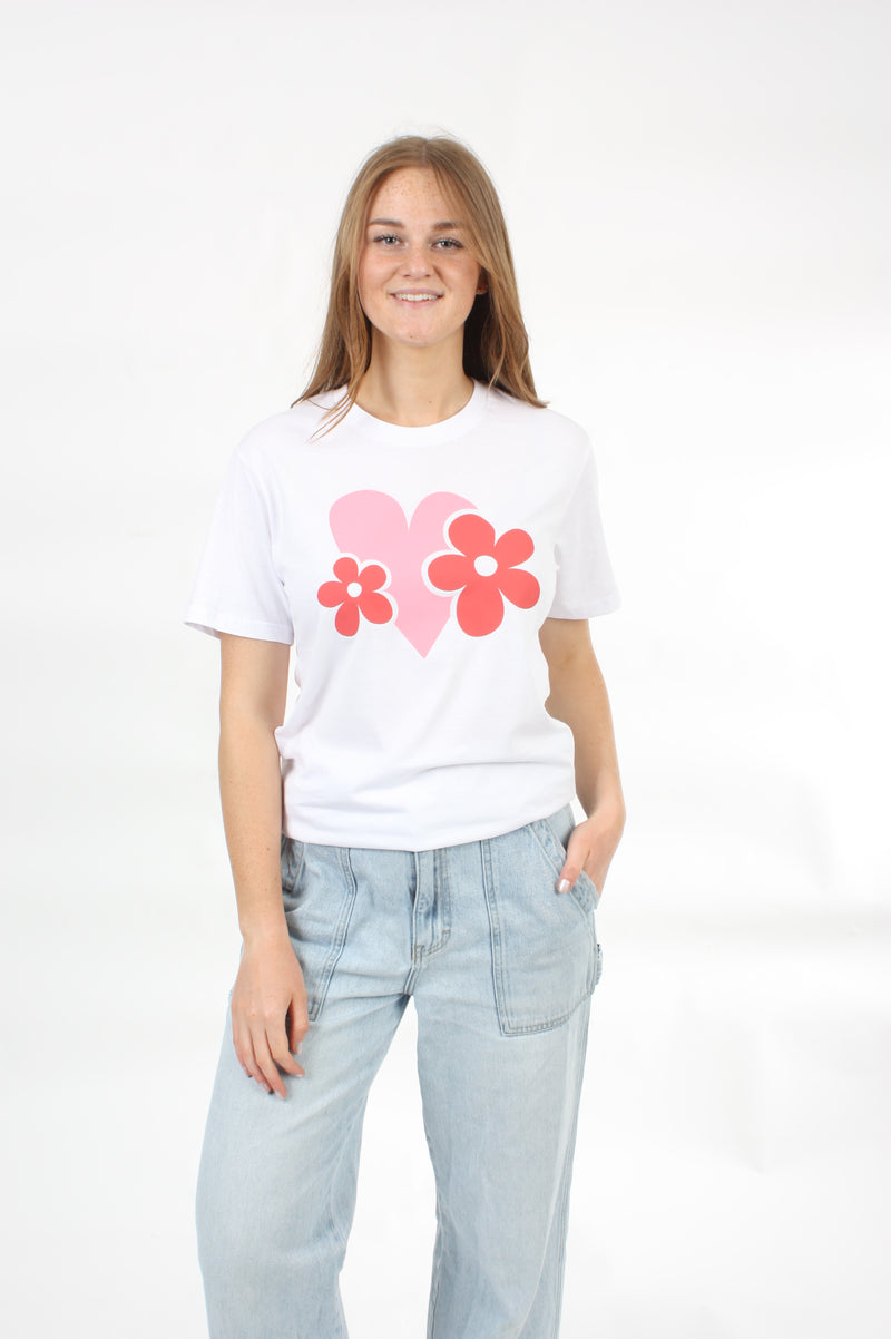 Tee Shirt - Pink and Red Heart & Daisy's Print - Pre Order