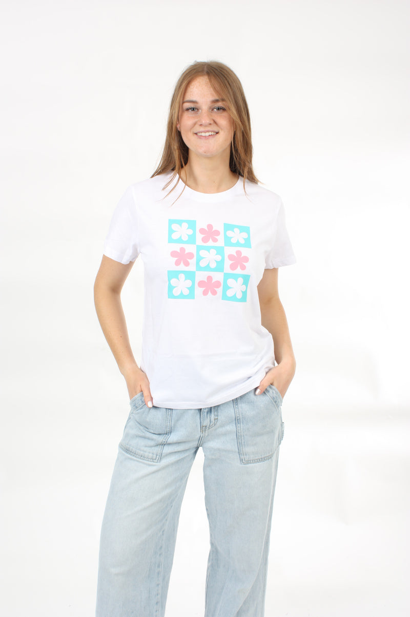 Tee Shirt - White - Pink and Turquoise Checked Daisy's Print - Pre Order