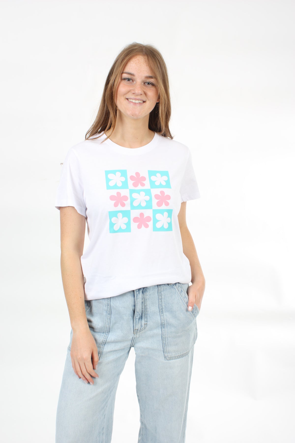 Tee Shirt - White - Pink and Turquoise Checked Daisy's Print - Pre Order