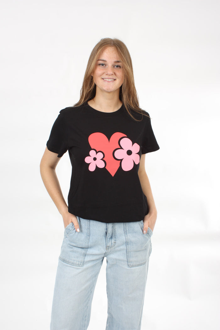 Tee Shirt - Pink and Red Heart & Daisy's Print - Pre Order