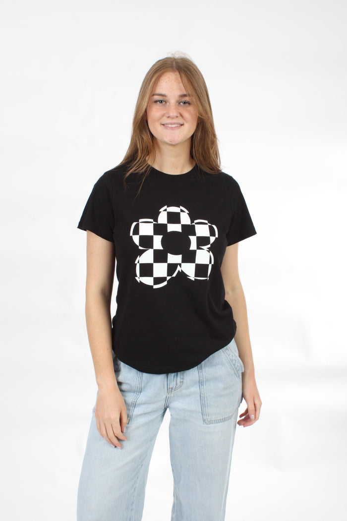 Tee Shirt -  with Check Flower Print - Pre Order
